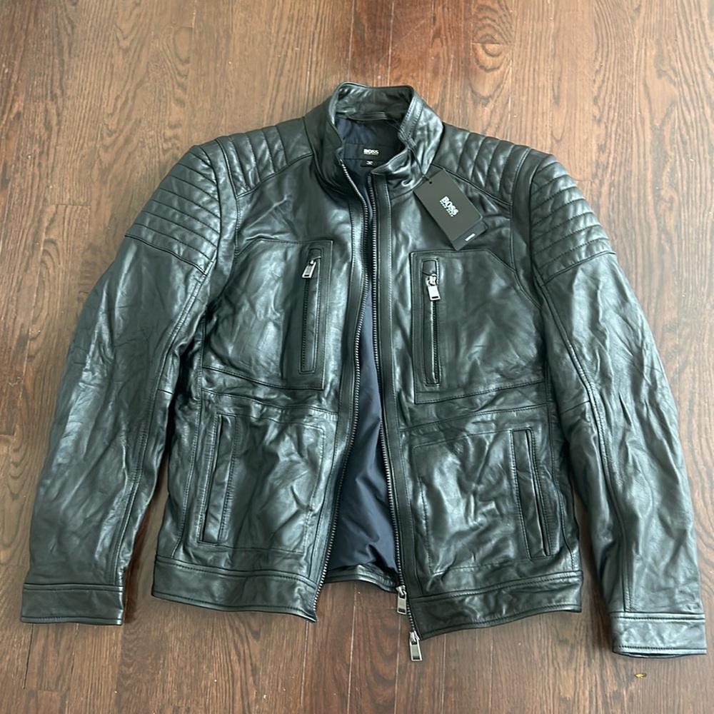 Hugo Boss mens leather black jacket